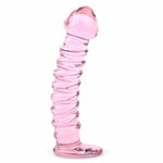 Dildo Glass 6 Inch Textured Pink Curved Ridged Shaft 