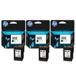 3x HP 302 Black Genuine Ink Cartridges For DeskJet 2132 Printer P/N F6U66AE