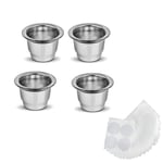 Konesky Reusable Coffee Capsules, Stainless Steel Refillable Replacement Coffee Filter Pods with Scoop Brush Compatible with Nespresso Coffee Machine (4pcs Capsules Cup with 100pcs Sticker Film)