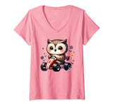 Womens Adorable Owl Riding Go-Kart Cute On Pink V-Neck T-Shirt