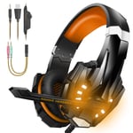 Bengoo Stereo Gaming Headset for PS4, PC, Xbox One Controller, Noise Cancelling Over Ear Headphones with Mic, LED Light, Bass Surround, Soft Memory Orange