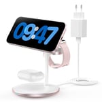 Station de Charge inductive, Chargeur de Station de Charge sans Fil 3 en 1, Chargeur sans Fil Compatible avec Chargeur Mag Safe pour iPhone 15 14 13 iWatch Ultra 2/1,Series 9,AirPods Rose