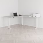Höj och sänkbart hörnskrivbord, högersvängt, vitt stativ, grå bordsskiva 180x200cm