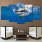 WENXIUF 5 Panel Wall Art Pictures Ocean shark,Prints On Canvas 100x55cm Wooden Frame Ready To Hang The Animal Photo For Home Modern Decoration Wall Pictures Living Room Print Decor
