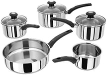 "Judge Essentials HPC1 Stainless Steel Set of Pans, 5-Piece Set, 14cm Milk Pan, 26cm Frying Pan, 16cm, 18cm & 20cm Saucepans with Vented Glass Lids, Induction Ready, 10 Year Guarantee