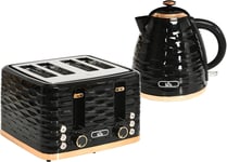 Black Kettle 4 Slice Toaster Set Rapid Boil Glossy with Gold Rim 3000W 1.7 L New