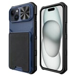 iPhone 15 Hybrid Håndverker Deksel m. Kortholder &amp; Cam Slider - MagSafe Kompatibel - Blå / Svart