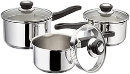 Judge Vista Draining J3A1A Set of 3 Stainless Steel Pans, 16cm, 18cm & 20cm Saucepans with Pouring Lip and Strainer Lids, Induction Ready, Oven Safe, 25 Year Guarantee