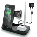 4 in 1 Wireless Charger,Wireless Charging Pad Stand 15W Fast Wireless Charging Station Compatible for iWatch/Airpods 1/2/Pro/iPhone 12/12 Pro/12/11/11pro/X/Galaxy S20 and Pencil（with QC3.0 Adapter）