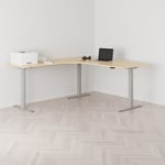 Höj och sänkbart hörnskrivbord, vänstersvängt, grått stativ, björk bordsskiva 180x200cm