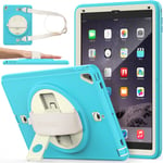 SEYMAC stock iPad 6th/5th Generation Case, iPad Air 2 / Pro 9.7 Inch Shockproof Case with Screen Protector Pencil Holder [360 Degrees Rotating Stand] Hand Strap & Shoulder Strap (Skyblue+Beige)