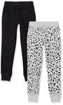 Amazon Essentials Girls' Joggers, Pack of 2, Black/Light Grey Heather Cheetah, 8 Years