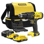 STANLEY FATMAX SFMCD711DSA-QW 18V Hammer Drill V20 Range 2 Speeds LED Light Includes Drill Bit Set and 50 Pieces, 2 x 2.0Ah Rechargeable Batteries, Charger and Tool Bag