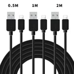 NÖRDIC kabelsett 3-pakning 05m + 1m + 2m Lightning (ikke MFI) til USB A 20 480Mbps 24A svart for Iphone og Ipad