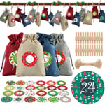 Tomaibaby Christmas Advent Calendar Bags 24 Days Hanging Advent Calendars Garland Christmas Countdown Decorations with Burlap Drawstring Bags, Clips, Rope, Numbers Stickers