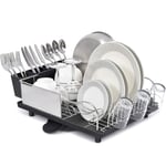 Kingrack Dish Drainer, Stainless Steel Dish Rack, Dish Drying Rack with Anti-Rust Frame, Optional 2 Direction Spout Drain Board Design, Removable 4 Compartment Utensil Holder for Kitchen, Black
