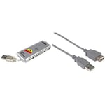 PremiumCord Hub USB 2.0 4 Ports sans Alimentation, câble intégré & PremiumCord Rallonge USB 2.0, Câble de Données Jusqu'à 480 Mbit/S, Câble de Charge, USB 2.0 Type A Femelle vers Mâle, Gris, 1 m