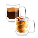 Double Walled Glass Coffee Mugs, Coffee Cups, Drinking Glasses for Iced Coffee&Tea, Insulated Glass Mugs with Large Handle, Clear Mugs Each 12oz, Set of 2, Perfect for Americano, Latte, Cappuccino