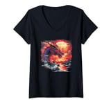 Womens mythical fierce red Asian dragon lake night sky moon stars V-Neck T-Shirt