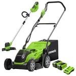 Greenworks Battery Lawn Trimmer G40LT + Battery Lawn Mower G40LM35 (Li-Ion 40 V 30 cm Cutting Width 7000 rpm 35 cm Cutting Up to 500 sq m 2-in-1 Mulching & Mowing with 2 x 2 Ah Batteries and Charger)