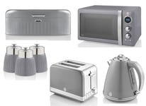 SWAN Retro Grey Jug Kettle 2 Slice Toaster Microwave Bread Bin & Canisters Set