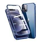 Jonwelsy Case for iPhone 12 Pro Max (6.7 inch), Magnetic Adsorption Metal Bumper Frame Flip Cover with 360 Degrees Double sides Transparent Tempered Glass Case for iPhone 12 Pro Max (Blue)