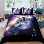Loussiesd 3D Purple Galaxy Wolf Bedding Sets Super King Kids Galaxy and Wolf Duvet Cover Purple Space Wolf Decorative Soft Microfiber Teen Comforter Cover Galaxy Dream Catcher Quilt Cover with Zipper