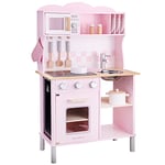 New Classic Toys 11067 Wooden Pretend Toy Kitchen for 3Y+, for Kids Included Accessoires-Comes with Electric Cooking Plate-Makes Sound, Pink