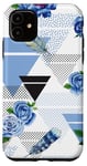 Coque pour iPhone 11 Motif géométrique plumes et roses bleues