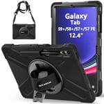 BRAECN Coque pour Samsung Galaxy Tab S9+ / S9 FE+ / S8+ / S7 FE / S7+ 12.4 Pouces, Étui de Robuste avec Porte-Stylet, Support Rotatif à 360° et Dragonne, Bandoulière, Noir
