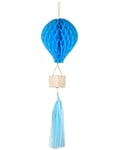 Hängande blå honeycomb ballong med korg och tofs 90 cm