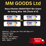 Baco DRAW tie Bin Liners for Kitchen Swing Bins 50L - 60 Refuse Sacks in 4 Rolls