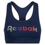 Reebok Womens Crop Top Bra in Blue Polyester Fabric and Multicolour Branding | Moisture Wicking & Removable Pads, Microfibre Underband and Racer Back Style