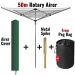 ROTARY AIRER 4 ARM 50M OUTDOOR CLOTHES GARDEN WASHING LINE DRYER SPIKE & COVER