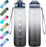 Navtue 1L Water Bottle with Straw, Sports Drinks Bottle with Time Markings, Leak