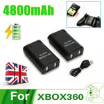 2 Battery Pack 4800mAh Rechargeable USB Cable For XBox 360 Wireless Controller