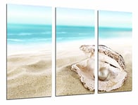 Tableau Moderne Photographique, Impression sur bois, Paysage plage mer ciel bleu, coquille dans le sable perlé, bijou, 97 x 62 cm, ref. 27007