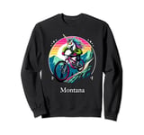 Whimsical Unicorn Riding Mountain Bike in Montana Sweatshirt