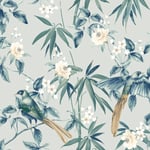 Arthouse Floral Birds Grey Blue Green Oriental Wallpaper