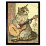 Street Musician Cat with Guitar by Flower Pattern Mural Pastel Watercolour Illustration Art Print Framed Poster Wall Decor 12x16 inch