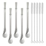 Stainless Steel Straw Filter Spoon, Yerba Mate Bombilla, Loose Leaf Tea Strainer, Tea Straw for Drinking Coffee, Cocktail, Pack of 5 with Cleaning Brush (5 Sliver)