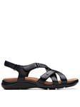 Clarks Kitly Go Wide Fitted Flat Leather Strappy Sandals - Black