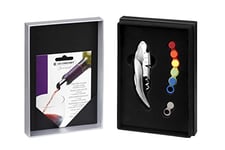 Le Creuset Wine Accessories Gift Set incl. 2-Step Corkscrew, 5 Washable Drip-Free Spouts and 6 Silicone Glass Markers, GS-142 Model, Shiny Grey with Purple LC Pack, 59212024707061