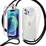 Yoedge 360 degrees lanyard phone case for Apple iPhone 12 Pro Max 6.7 inch, with Built-In Screen Protector Full Body High Impact Silicone Soft TPU Shockproof Case for iPhone12 Pro Max, Transparent