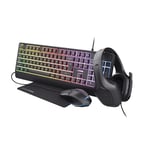 Trust Gaming GXT 792 Quadrox 4-in-1 Gaming Keyboard and Mouse Set, QWERTY UK, Lightweight Headset with Microphone, Mouse Mat, Gaming PC Bundle, RGB Gamer Set for Computer, Laptop, Desktop - Black