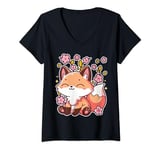 Womens Kawaii Japanese Fox Sakura Cherry Blossom Festival Spring V-Neck T-Shirt