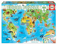 Educa - Mappemonde Animaux. Puzzle Educatif Enfant. 150 pièces. Trouve Les animauxsur la Carte!. +6 Ans. Ref. 18115
