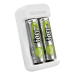 ANSMANN Chargeur de piles Basic II + 2 piles rechargeables HR6 1300 mAh 1,2V (1 pce) – Mini chargeur pour 1 à 2 piles NiMH Mignon AA/Micro AAA – Chargeur de batterie compact
