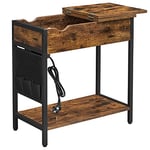 VASAGLE LET311B01 Table de Charge avec Prise électrique, Table de Chevet Rabattable avec étagère de Rangement et Sac en Tissu, pour Salon, Chambre à Coucher, Marron Rustique et Noir