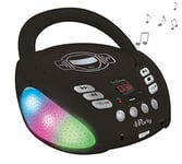Lexibook- iParty Lecteur CD Bluetooth pour Enfants avec Effets de lumière Multicolore, Micro, Prise auxiliaire, Alimentation AC ou à Piles, pour Filles, garçons, Noir, RCD109BK